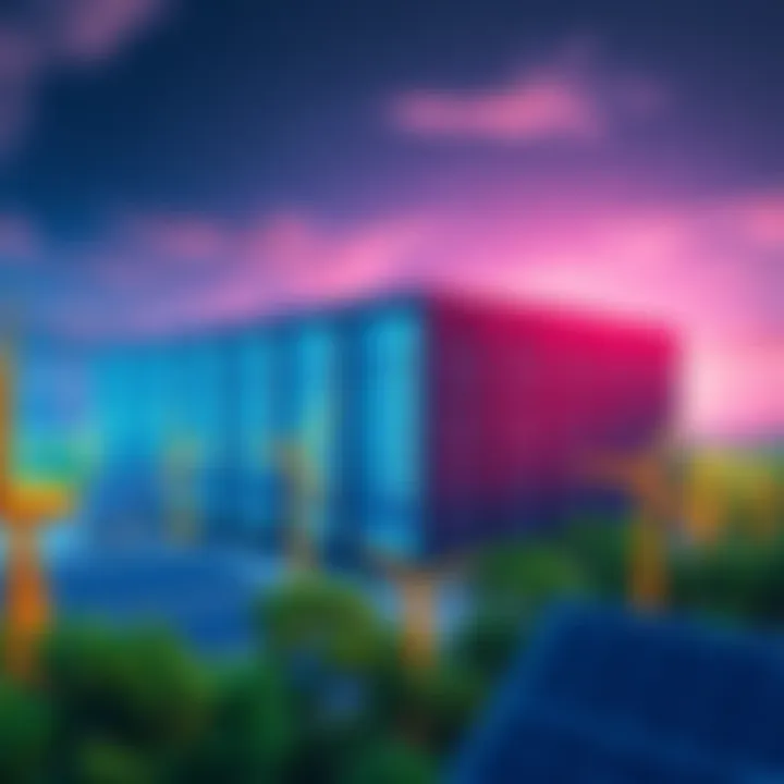 AI Data Center and Clean Energy A large AI data center surrounded by green energy sources like wind turbines and solar panels