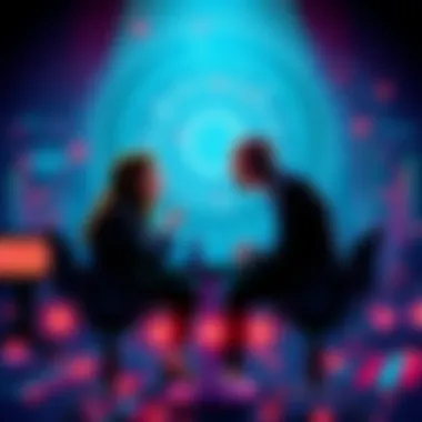 AI Debate Illustration Two people discussing the impact of AI technology in a modern setting, surrounded by digital elements