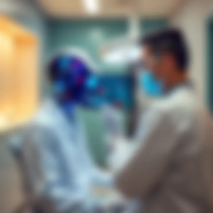 A dentist using an AI system to manage patient calls and appointments in a modern dental office.