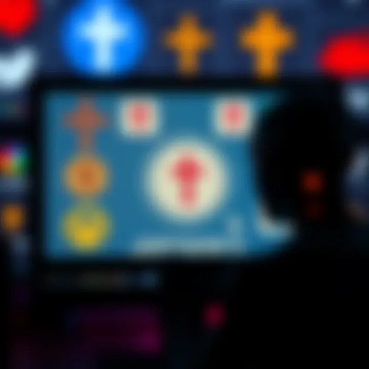 A computer screen displaying symbols of various religions, with a focus on Jehovah’s Witnesses' icon being overshadowed by an AI robot silhouette.