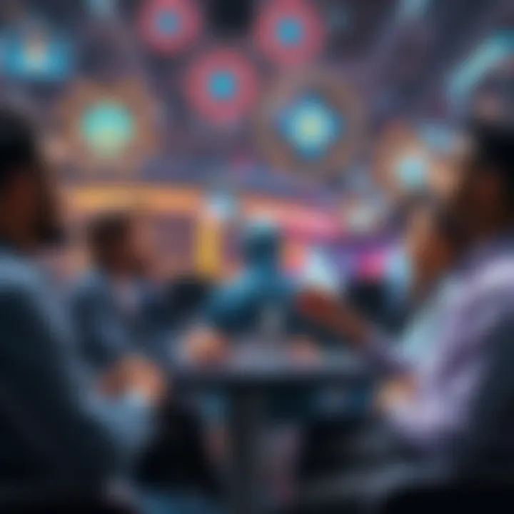 A group of diverse people engaged in a lively discussion about artificial intelligence, with a backdrop of technology-themed elements.