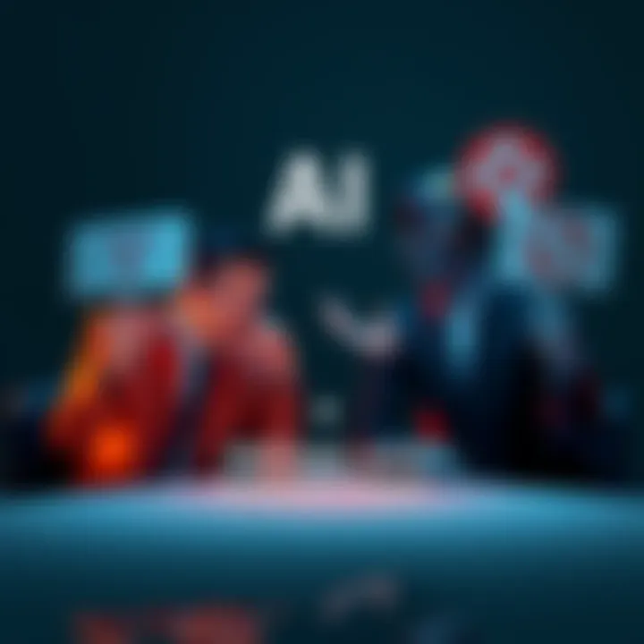 Two people debating the pros and cons of artificial intelligence, one side with supportive signs and the other with critical signs.