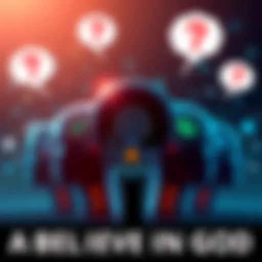 A group of different AI icons representing various perspectives on belief in God, surrounded by thought bubbles with question marks and symbols of faith.