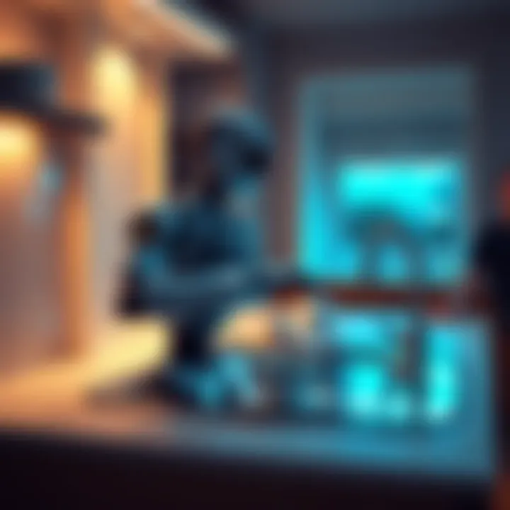 A futuristic kitchen with a robot washing dishes at the sink while a person relaxes nearby.