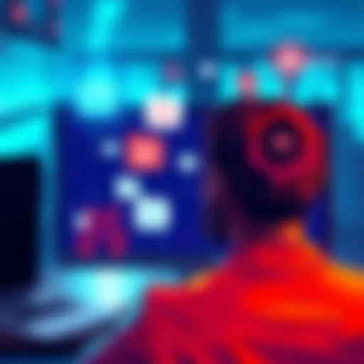 A digital illustration showing AI technology impacting traditional online advertisements, with a person looking at a computer screen filled with ad icons transforming into AI symbols.