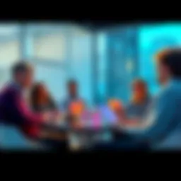 A group of people discussing AI ethics with laptops in a modern setting, highlighting concerns over funding from rival companies.