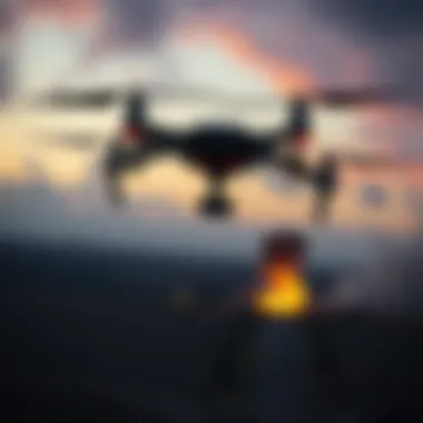 An A.I.-controlled drone in the sky over Ukraine, with smoke rising from a distant explosion.