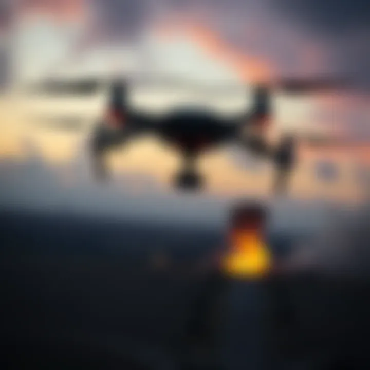 An A.I.-controlled drone in the sky over Ukraine, with smoke rising from a distant explosion.