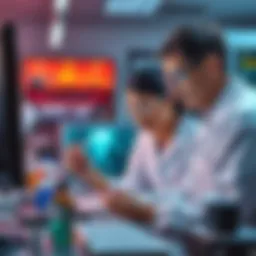 Scientists in a lab working with vials and a computer, focusing on an AI-generated drug that shows age-reducing effects on lung disease patients.
