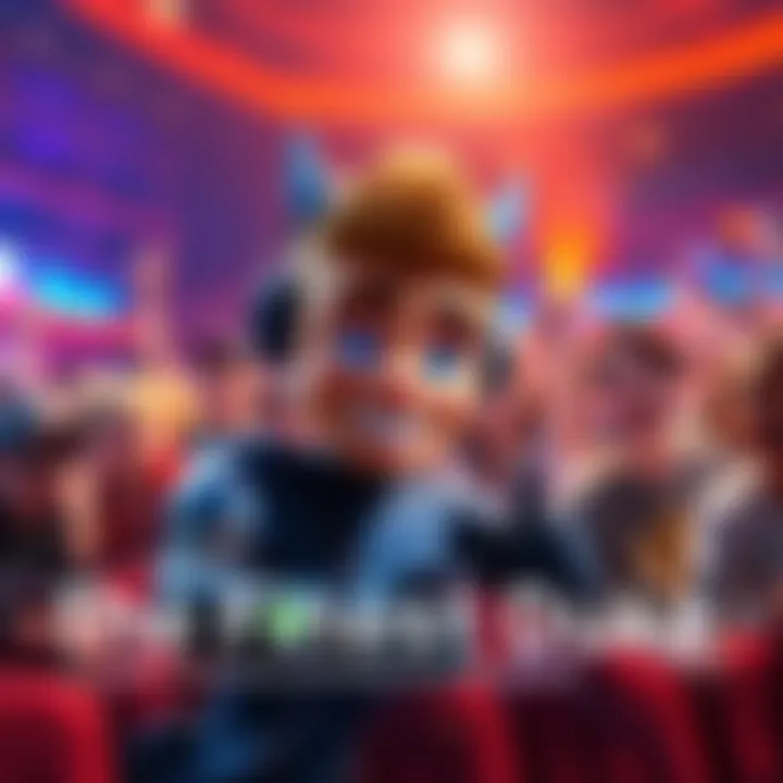 An animated Duke character showcasing various entertaining looks, engaging with an audience full of cheerful fans, highlighting their reactions.