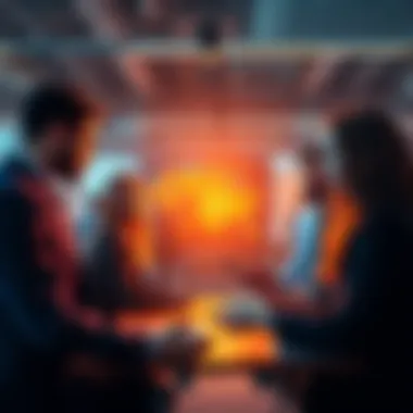 A group of diverse professionals discussing AI technology in a modern office setting.