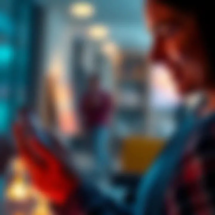 AI Enhancing Daily Life A person using a smartphone with an AI assistant, smiling as they receive helpful suggestions for daily tasks and decisions.