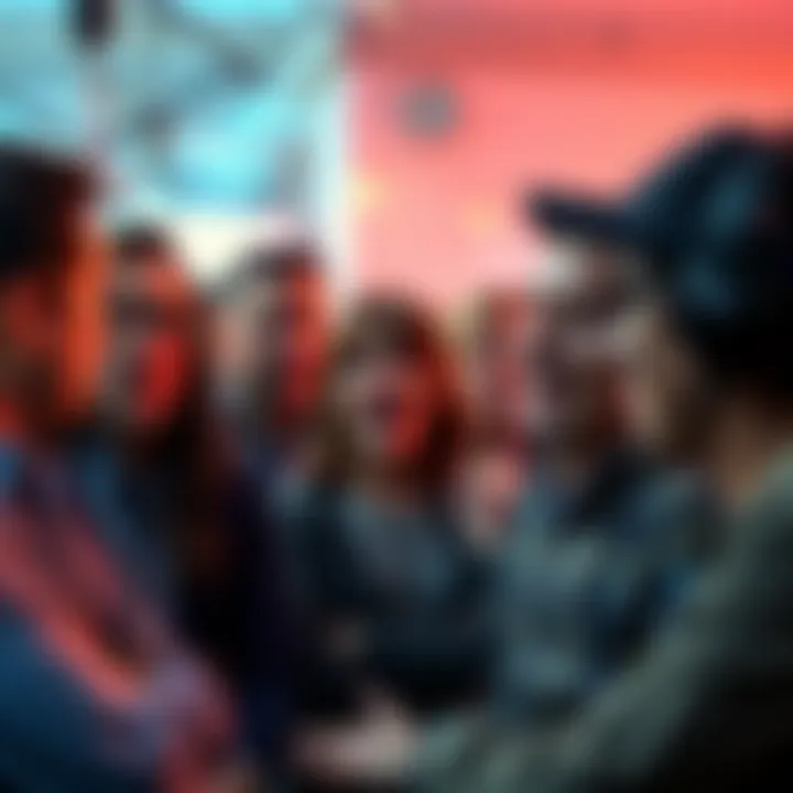 A group of people engaged in a lively conversation about artificial intelligence, showing various expressions of excitement and debate.