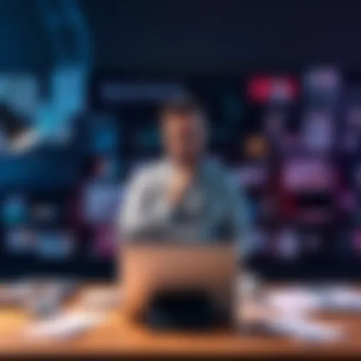 A confident entrepreneur stands at a desk with a laptop, brainstorming ideas. Behind them is a vision board filled with business goals and aspirations. Papers and coffee cup scattered around, symboliz...