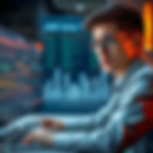 A young professional looking worried while reviewing job applications on a computer, with AI graphics in the background.