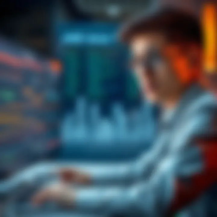A young professional looking worried while reviewing job applications on a computer, with AI graphics in the background.