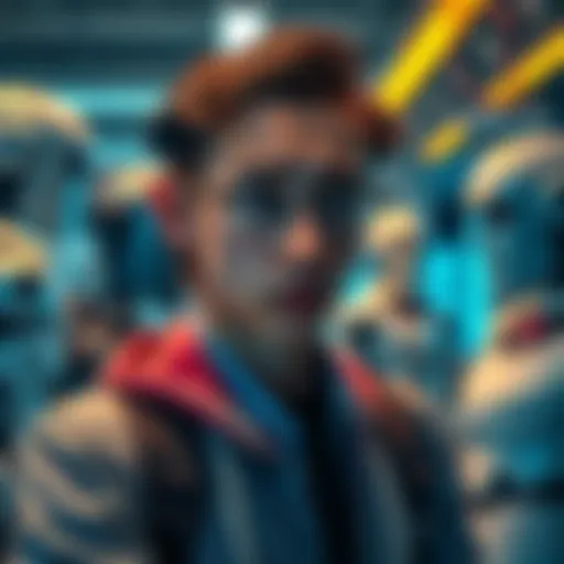 A young professional looking worried while surrounded by robots and automation tools in an office setting