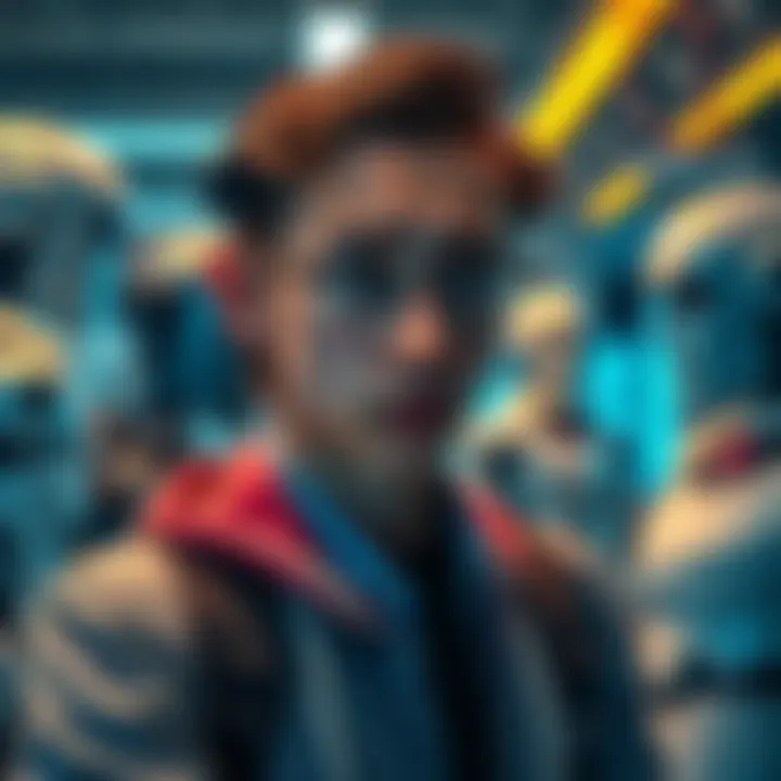 A young professional looking worried while surrounded by robots and automation tools in an office setting