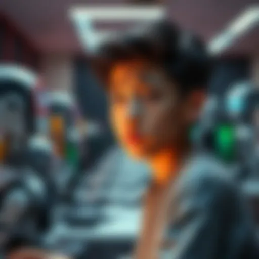 A young person looking worried while watching robots work at desks, symbolizing the loss of entry-level jobs to AI.
