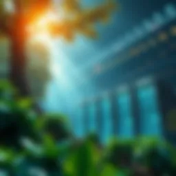 A visual representation of artificial intelligence interacting with nature, showing data centers alongside lush greenery