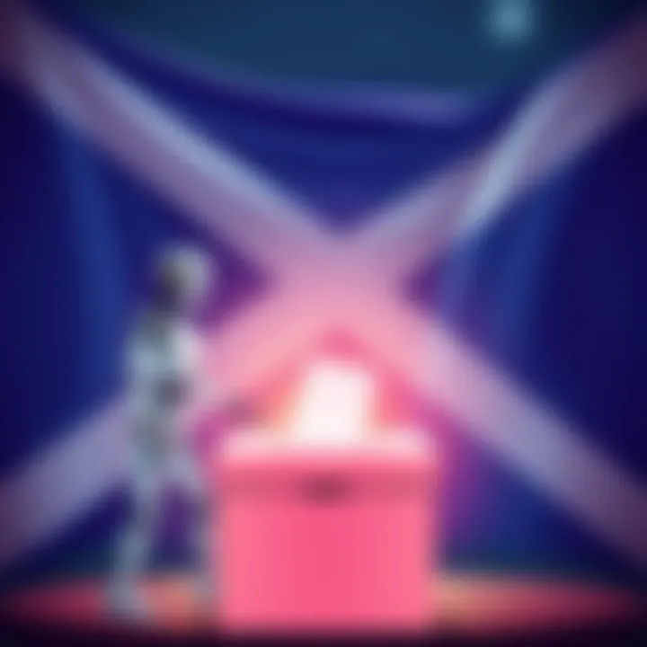 Illustration showing AI bots making mistakes in analyzing election data with a backdrop of a Scottish flag and a ballot box.