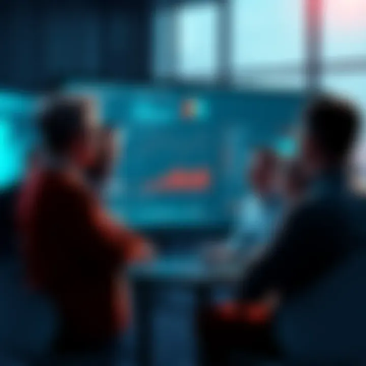 A group of people engaged in a discussion about AI evidence, with charts and data on a screen.