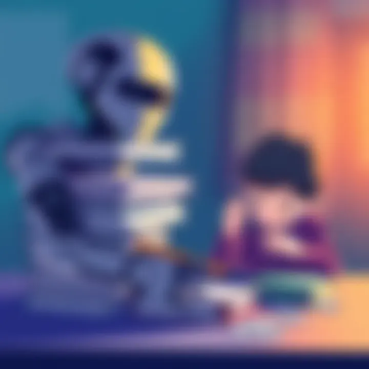 AI Exam Performance An illustration showing a robot taking a test with a stack of books and a pencil, while a child solves a simple puzzle beside it.