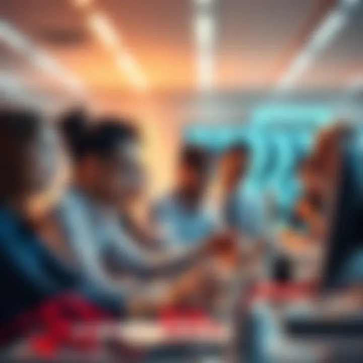 A diverse group of AI professionals collaborating in a bright, high-tech office environment