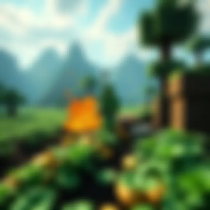 A scene of a digital landscape in Minecraft showing a character farming potatoes after a Creeper explosion