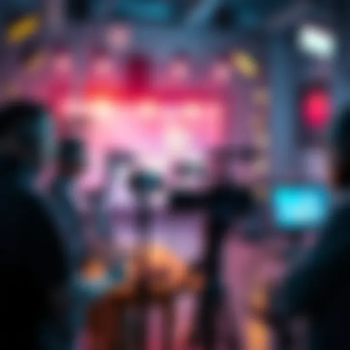 A film crew using AI technology to create a movie, showcasing advanced tools and equipment in a modern studio.