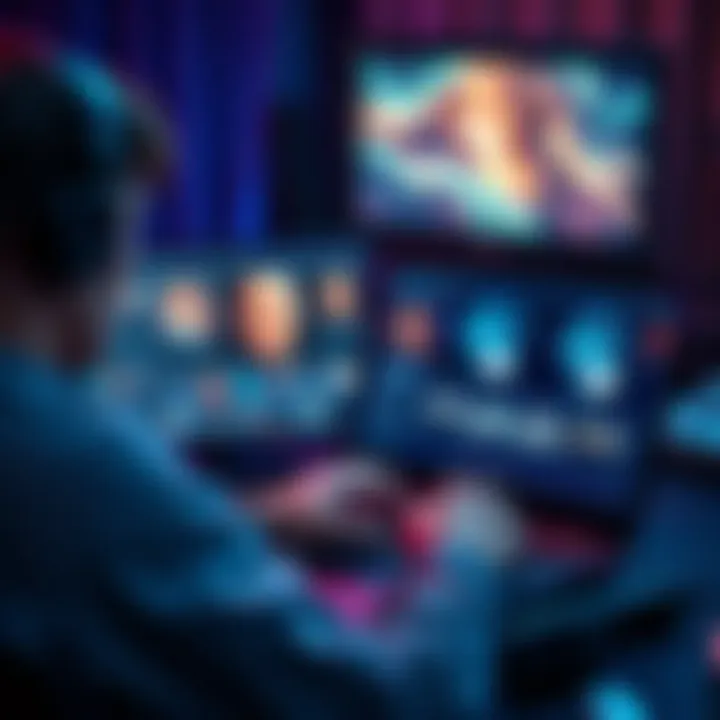 A person working on a laptop, editing a film trailer using AI tools, with film clips and software interface on the screen.