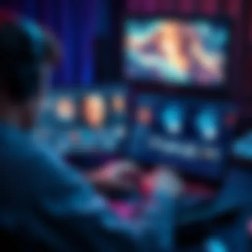 AI Film Trailer Creation A person working on a laptop, editing a film trailer using AI tools, with film clips and software interface on the screen.