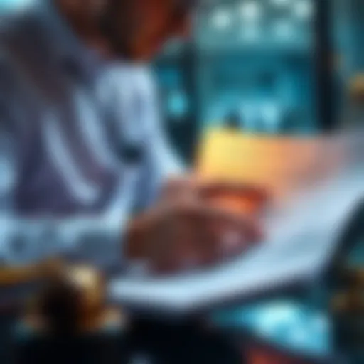 A legal professional reviewing a document with AI software highlighting important text, symbolizing the discovery of a crucial legal clause in a large set of documents.