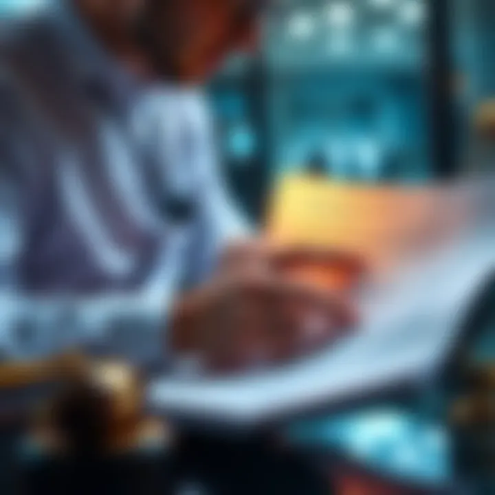 A legal professional reviewing a document with AI software highlighting important text, symbolizing the discovery of a crucial legal clause in a large set of documents.