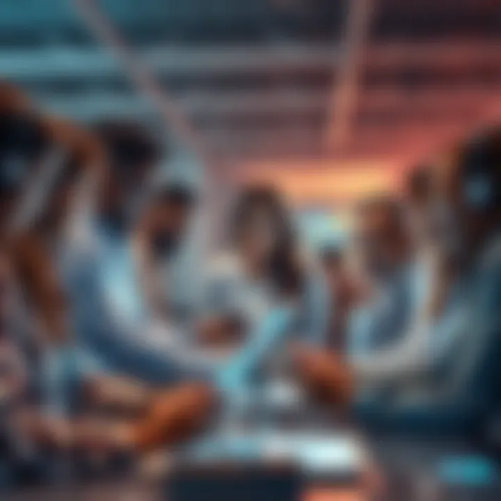 A group of diverse people collaborating with digital screens and AI technology in an office setting.
