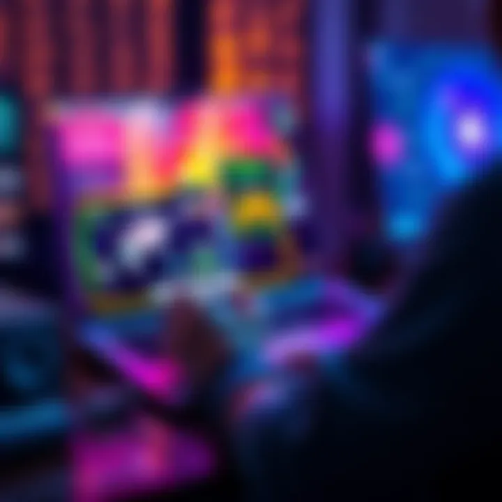 A person using a laptop to design a mobile game with AI tools and colorful graphics on the screen