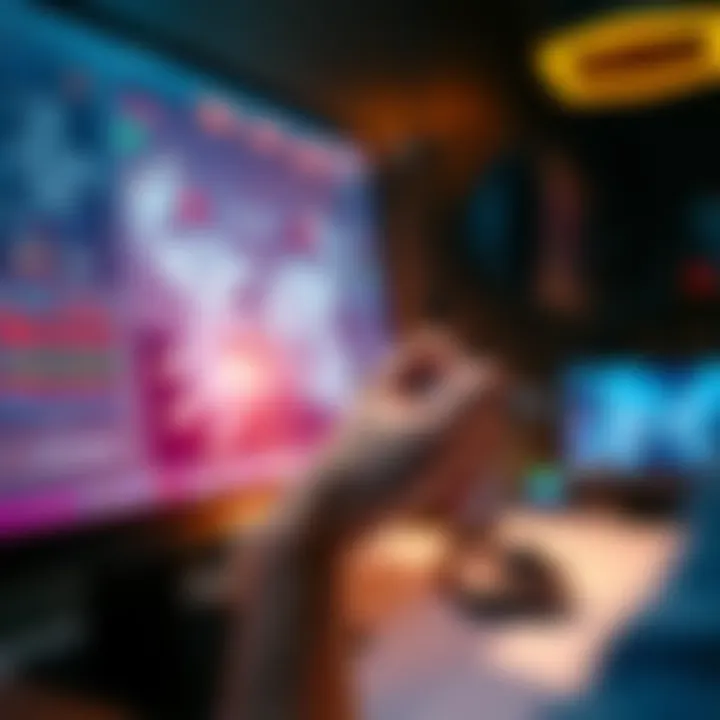A computer screen displaying game design software with AI elements and a human hand sketching a character, symbolizing the blend of technology and creativity.