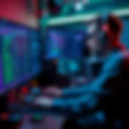 An engineering manager working on a computer with game development software, surrounded by AI tools and coding screens.