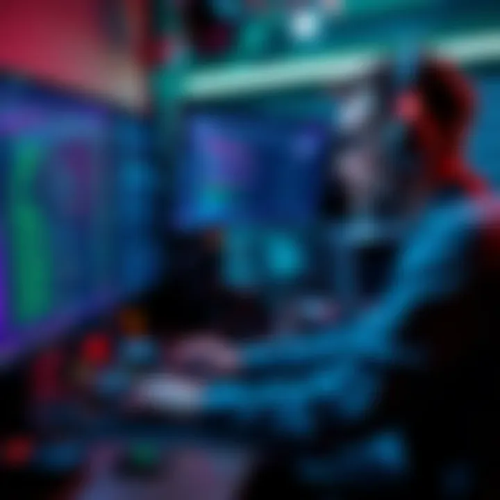 AI in Game Development An engineering manager working on a computer with game development software, surrounded by AI tools and coding screens.