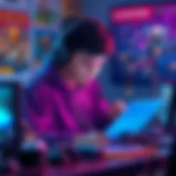 A young person sketches gaming concepts featuring robots and A.I. elements, surrounded by gaming devices and posters.