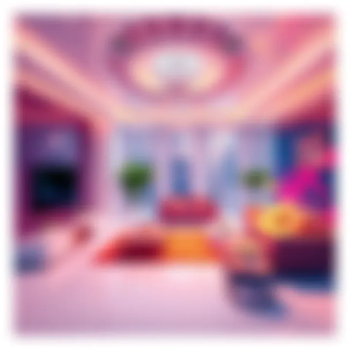 A vibrant illustration depicting an interactive 3D tour of a modern living space, highlighting areas for property staging and renovation using AI technology.