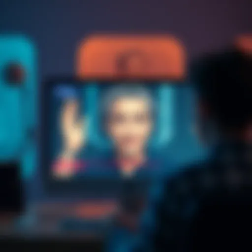 A mockup image showing a computer screen displaying an AI-generated video of a famous deceased celebrity, eliciting emotional reactions from viewers