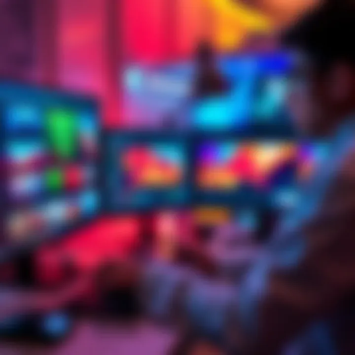 A person working on a digital art project, focused on adjusting image settings on a computer, while colorful images are displayed on the screen, showing the creative process of AI image generation.