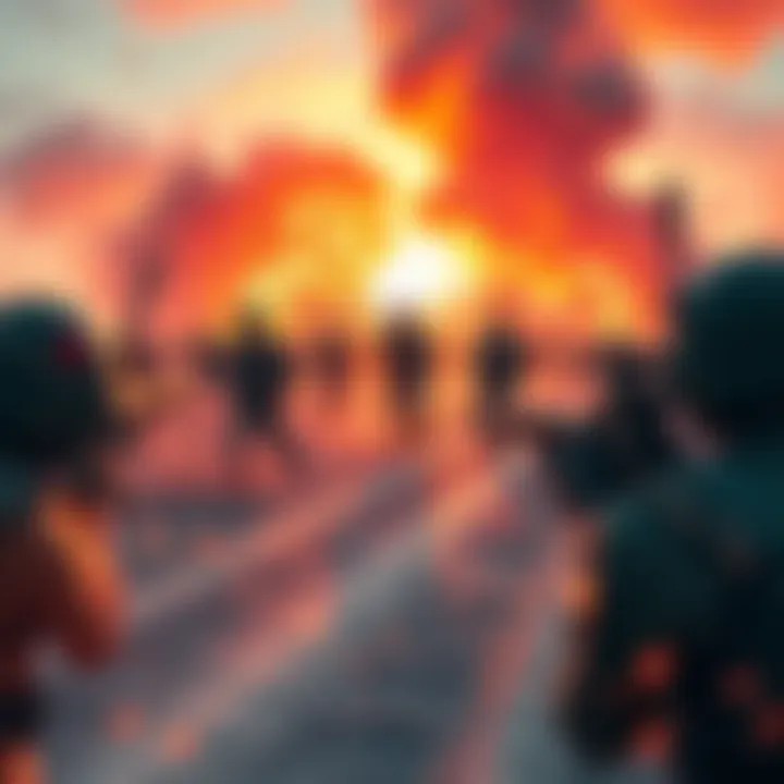 A vibrant animated depiction of a conflict scene, showcasing military action and technology in an artistic style