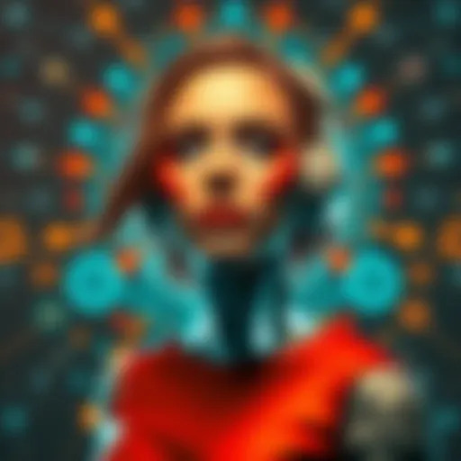 A digital representation of a woman styled with MAGA elements, surrounded by technology symbols, highlighting the intersection of AI and perception.