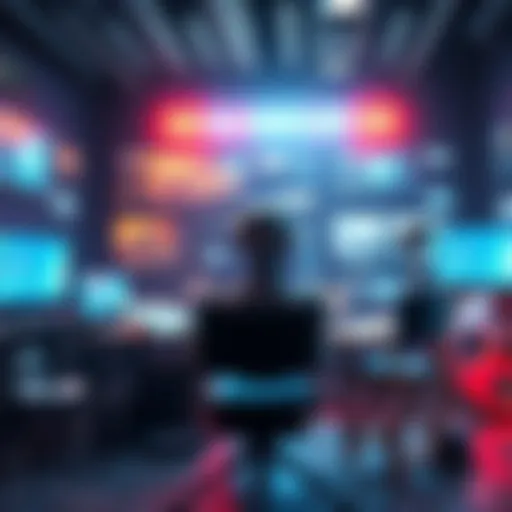 A futuristic scene depicting an AI creating a film with digital screens and holograms around it, contrasting traditional cinema elements like film reels and a director's chair.