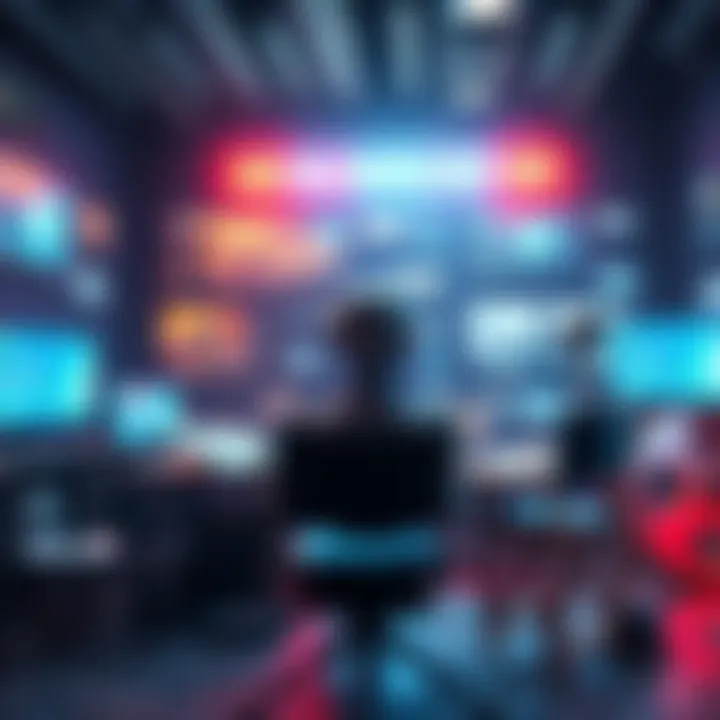 A futuristic scene depicting an AI creating a film with digital screens and holograms around it, contrasting traditional cinema elements like film reels and a director's chair.