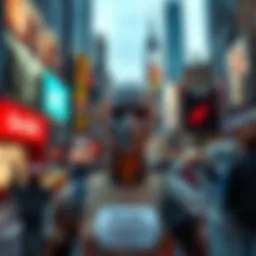 An advertisement featuring an AI-generated performer with a clear label indicating it's synthetic. The background shows a busy urban setting in New York.