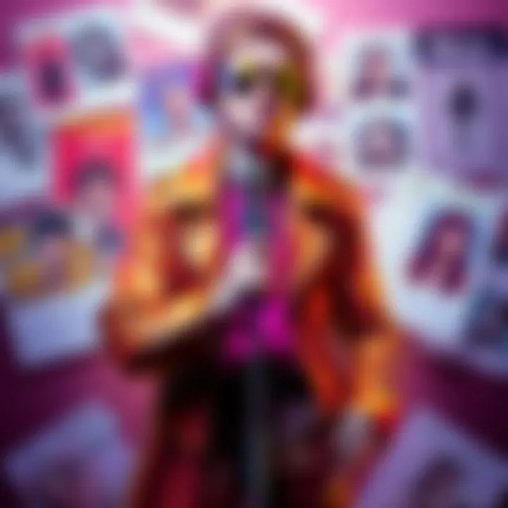 A colorful pop-star character with flashy clothes and a microphone, surrounded by album covers and tabloid articles.