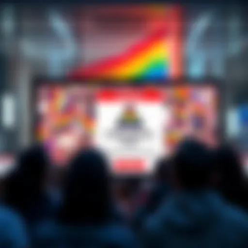 A digital screen displaying a colorful Pride Month post that has a warning sign indicating removal, showing mixed reactions from viewers.